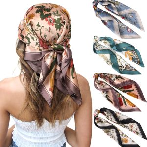 27 Inches Silk Feeling Square Head Scarf - 4 Pcs Satin Square Head Scarves for Women Hair Bandanas